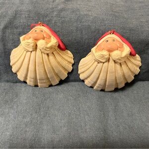 2 Vintage Santa Seashell Christmas Ornaments Tropical Beach Holiday Resin 3”rare